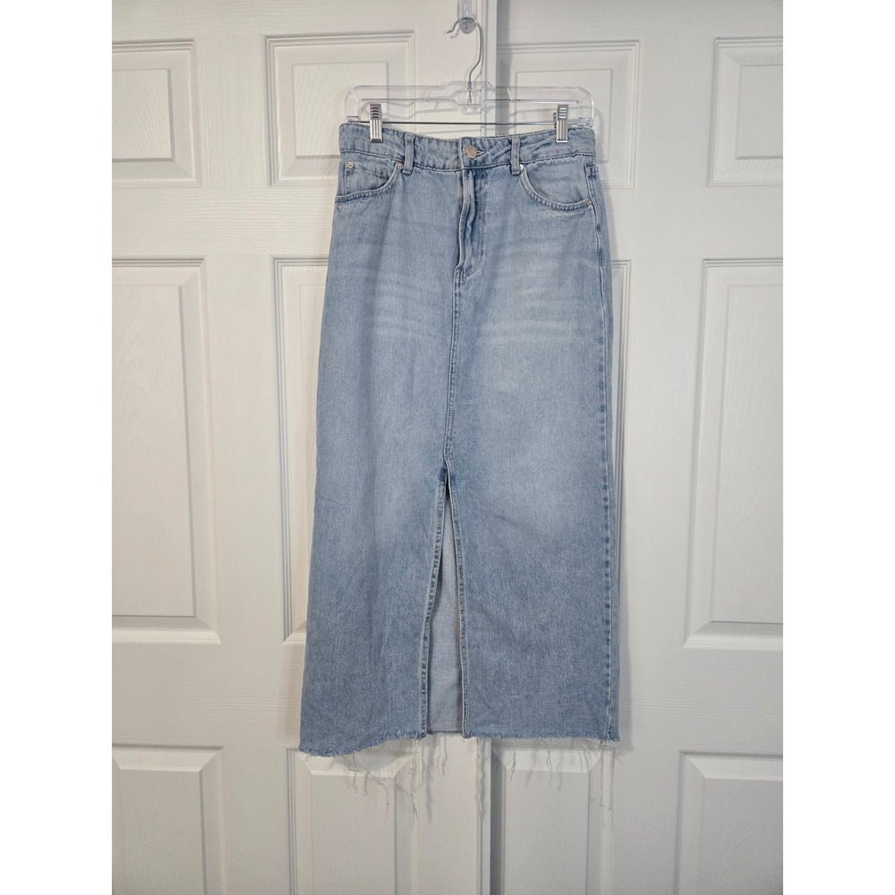 Bershka 6 Denim Maxi Skirt High Waisted Front Slit Raw Hem Long Jean Skirt Blue